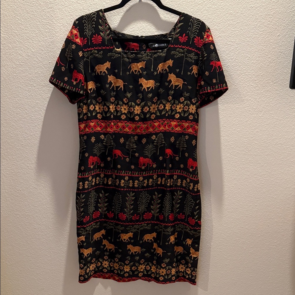 Vintage Sag Harbor Ladies Midi Dress Safari Floral & Animal Print Size 12